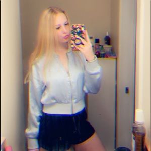 baby blue cropped bomber jacket